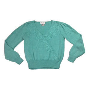Jaclyn Smith Sweater Womens S Embroidered Turquoise Knit V-Neck Sweater Vintage